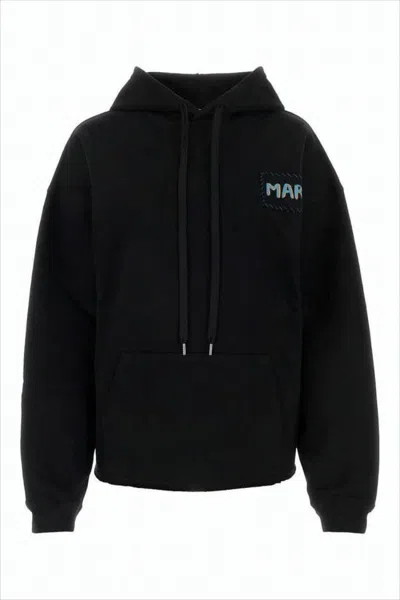 Marni Cropped Black Hoodie With Drawstring And Kangaroo Pocket In Black