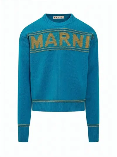 Marni Cropped Blue Knit Sweater With Iconic Logo In White