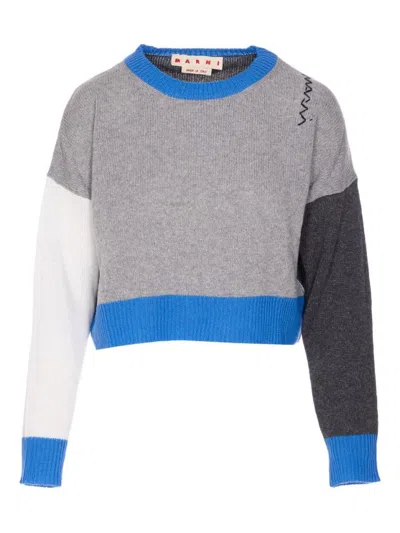 MARNI CROPPED COLOR-BLOCK SWEATER WITH ROUND NECKLINE