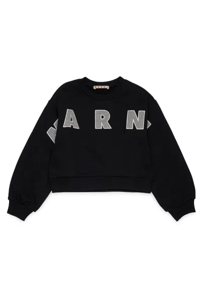 Marni Kids' Cropped Crew-neck Sweatshirt With Embroidered  Patch Logo In Black