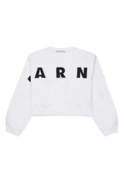 Marni Kids' Cropped Crew-neck Sweatshirt With Embroidered  Patch Logo In White