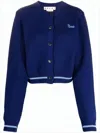 Marni Cropped Deep Navy Cardigan With Textured Wool And Contrasting Stripes In Blue