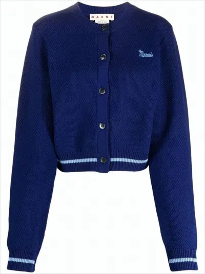 Marni Cropped Deep Navy Cardigan With Textured Wool And Contrasting Stripes In Blue