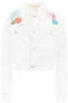 Marni "cropped Denim Jacket With Flower Patches And Embroidery" In White