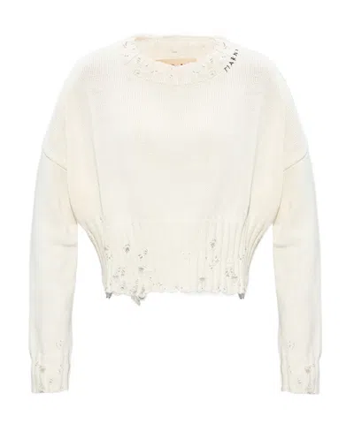 Marni Cropped Distressed Jumper In White