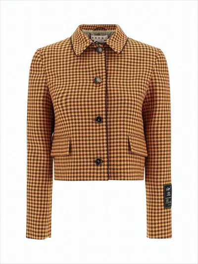 Marni Cropped Jacket In Classic Houndstooth Pattern In Brown