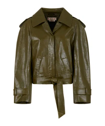 MARNI DEEP GREEN LEATHER SHORT TRENCH COAT