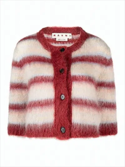 Marni Cropped Mohair-blend Cardigan With Horizontal Stripe Pattern In White