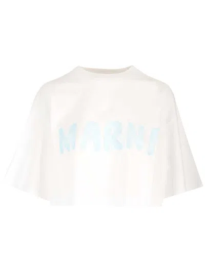 Marni Cropped Signature T-shirt In Bianco