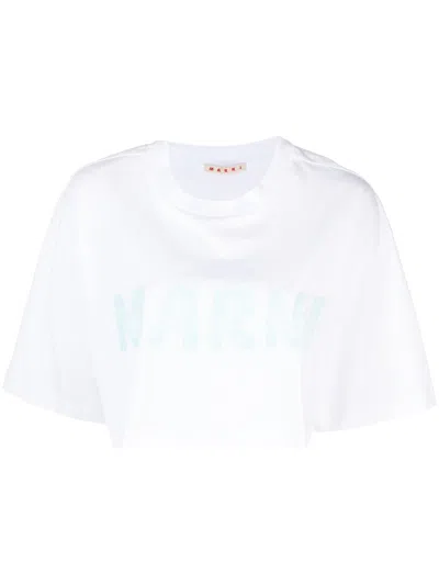 Marni Logo-print Cotton Cropped T-shirt In White