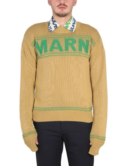 Marni Brown Embroidered Logo Cotton Sweater In Neutrals