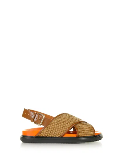 Marni Crossover Fussbett Sandal In Raffia Effect Fabric And Leather In Raw Siena/dust Apricot