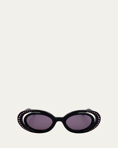 Marni Crystal-embellished Acetate Oval Sunglasses In Black