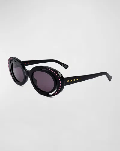 Marni Crystal-embellished Acetate Oval Sunglasses In Black