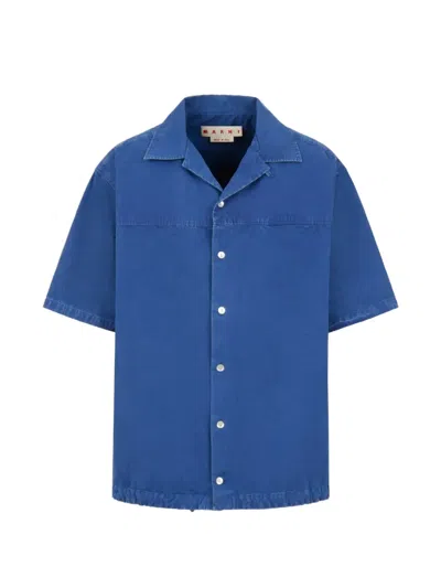 Marni Cuban Collar Logo Patch Shirt In Blue