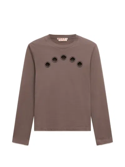 Marni Gray Cotton Long-sleeved T-shirt With Cut-out Polka Dots In Brown