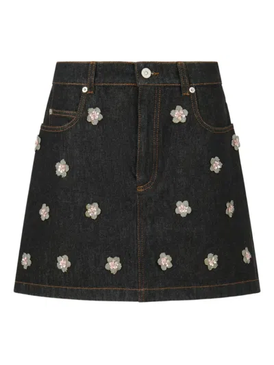 Marni Daisy-appliqué Denim Mini Skirt In Black
