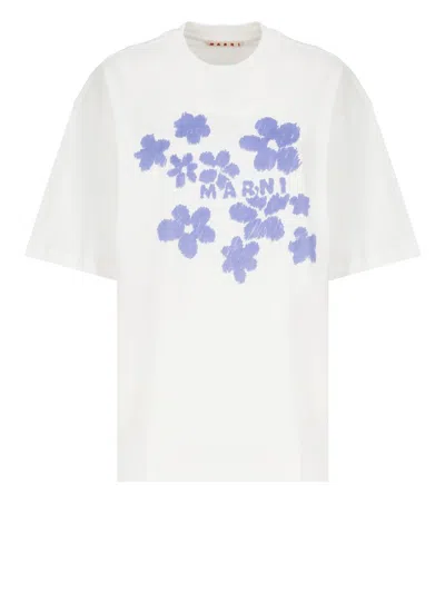 Marni Tee With Logo Floral Print In White