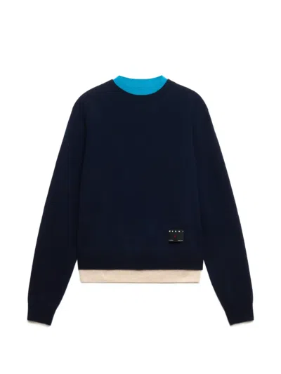 Marni Cashmere Crew Neck Sweater Contrast Rib Trim In Blue