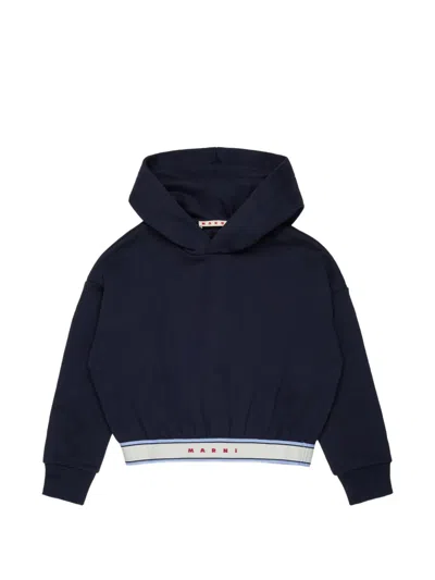 Marni Kids' Deep Blue Cotton Hoodie With Elasticated Logo Band