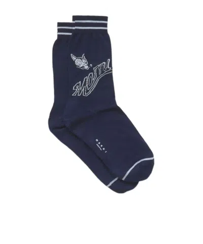 Marni Deep Blue Cotton Socks With Wolf Detail