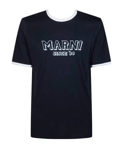Marni Deep Blue Cotton T-shirt With Contrast Trims In Black