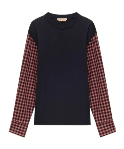 Marni Deep Blue Cotton T-shirt With Checked Shirt-sleeves In Multi