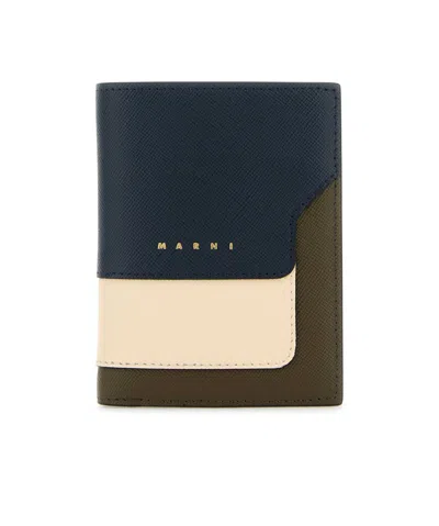 Marni Deep Blue Cream And Green Saffiano Leather Bi-fold Wallet In Black