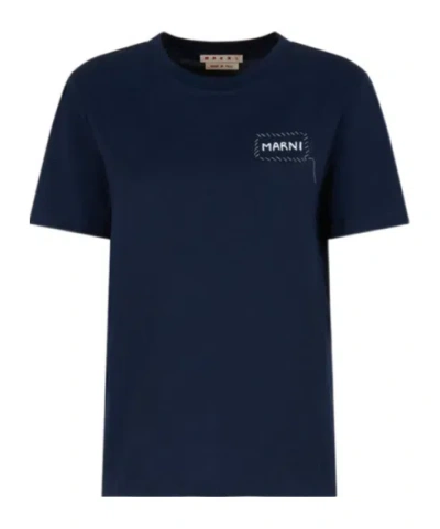 MARNI DEEP BLUE ORGANIC COTTON T-SHIRT WITH MARNI PATCH