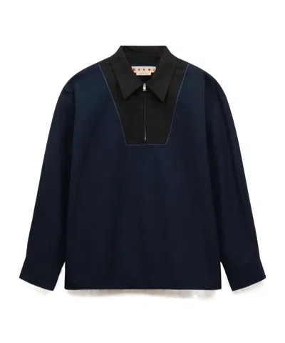 Marni Deep Blue Poplin Shirt With Zipper Bib