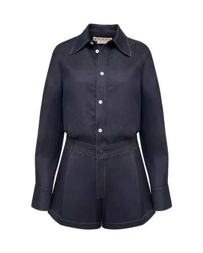 Marni Deep Blue Stretch Denim Trompe L'oeil Jumpsuit