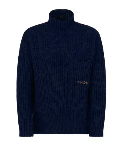 Marni Deep Blue Wool Jumper With Dishevelled Effect