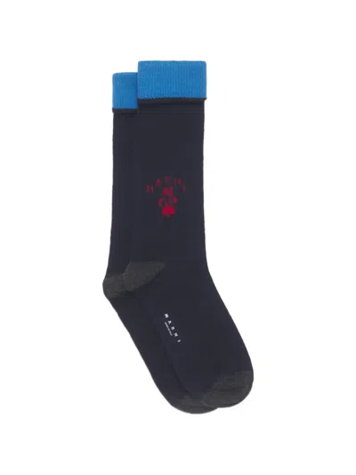 Marni Deep Blue Wool-cashmere Socks With Crest Logo