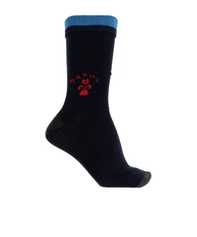 Marni Deep Blue Wool-cashmere Socks With Crest Logo In Neutral
