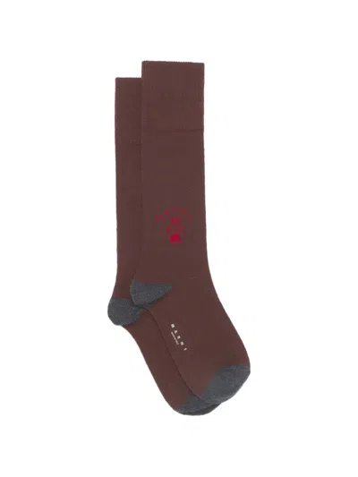 Marni Deep Brown Wool-cashmere Socks With Heraldic Logo