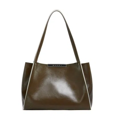Marni Deep Green Leather Cresta E/w Small Tote Bag