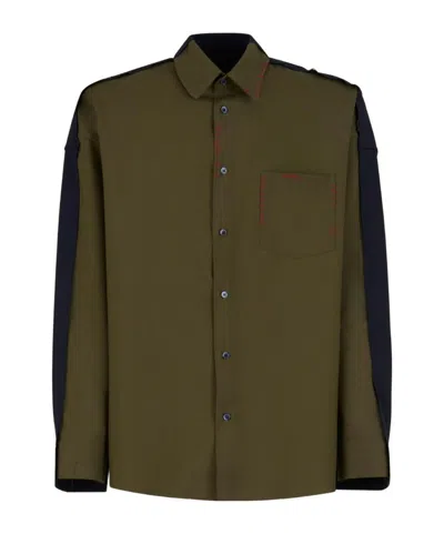 MARNI DEEP GREEN TROPICAL WOOL SHIRT WITH CONTRAST BACK