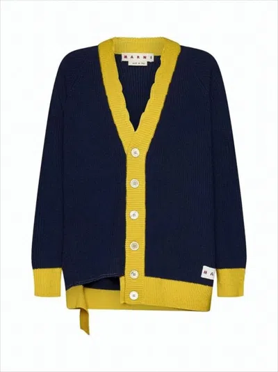 Marni Deep V-neck Cardigan With Contrasting Ribbed Trim In White