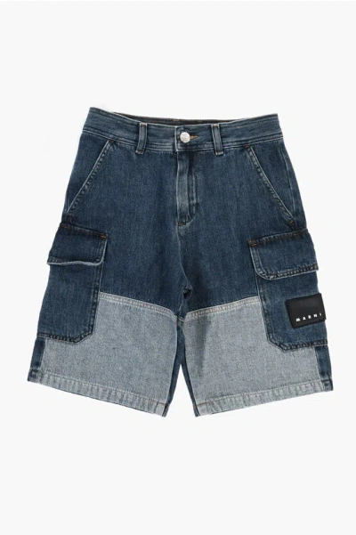 Marni Denim Cargo Shorts With Logoed Patch In Blue