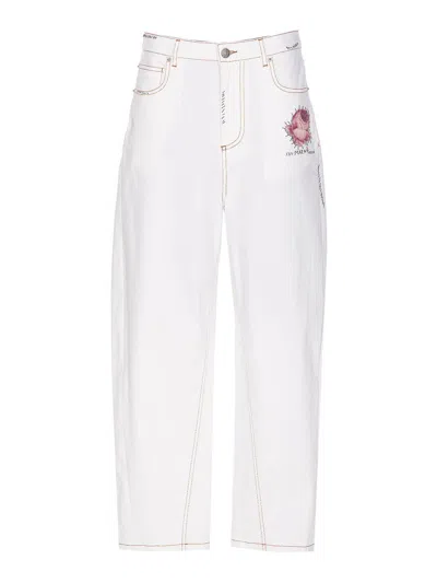 Marni Wide Leg 5 Pockets Pants With Logo-button In White