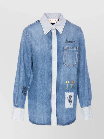 MARNI DENIM SHIRT WITH EMBROIDERED FLORAL MOTIFS