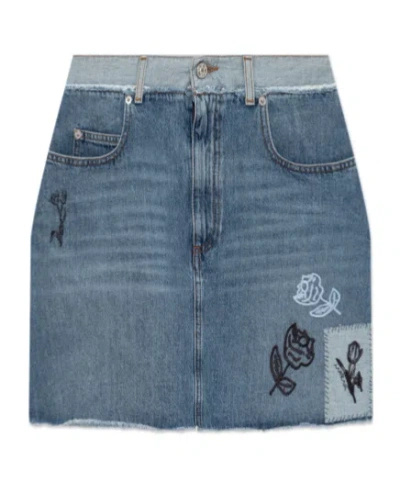 Marni Embroidered Frayed Denim Mini Skirt In Blue