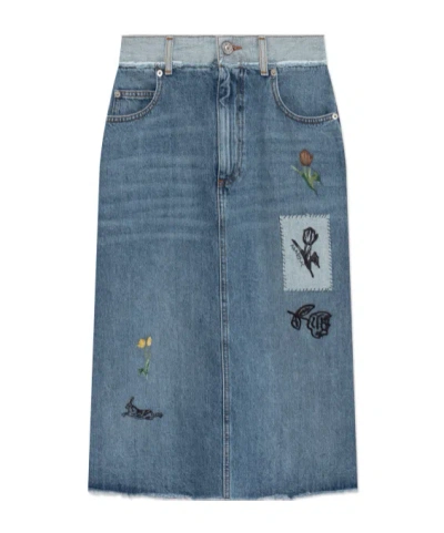 Marni Embroidered-floral Denim Midi Skirt In Blue
