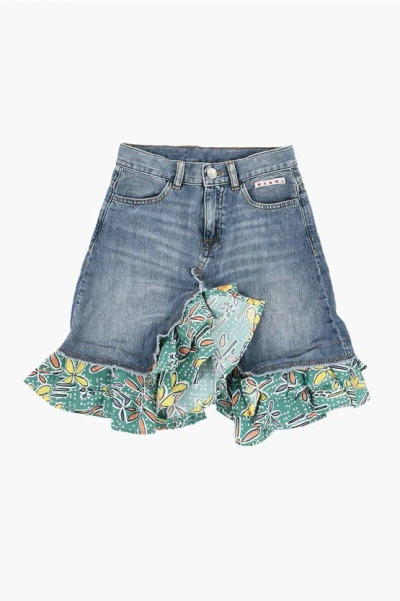 Marni Denim Skirt With Patterned Poplin Detail In Blue