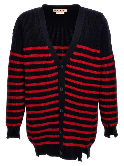 Marni Destroyed Effect Striped Cardigan In Blue