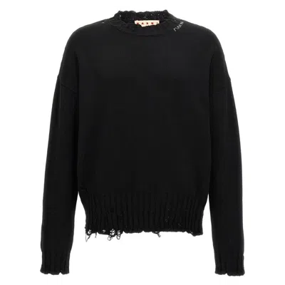 Marni Destroyed Effect Twisted Crewneck Sweater In Black