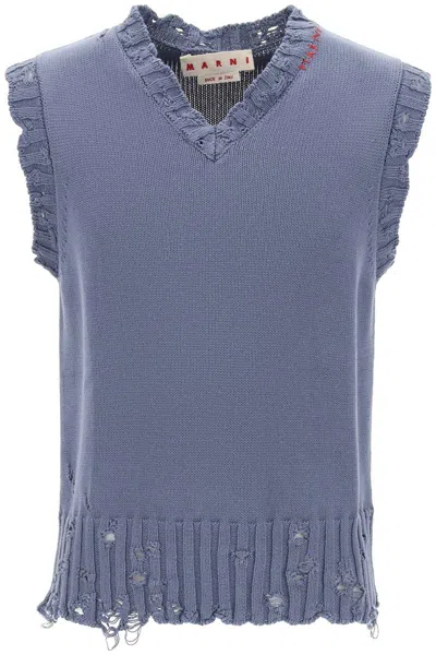 Marni Distressed V-neck Knit Vest In Light Blue,grey