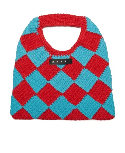 Marni Diamond Checked Crochet Bag In Red