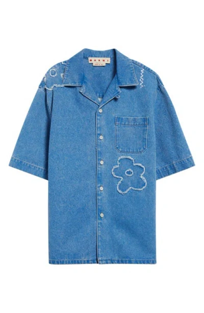 Marni Dillies Patch Denim Camp Shirt In Cobalt