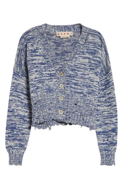 Marni Dishevelled Crop Cotton V-neck Cardigan In Blue